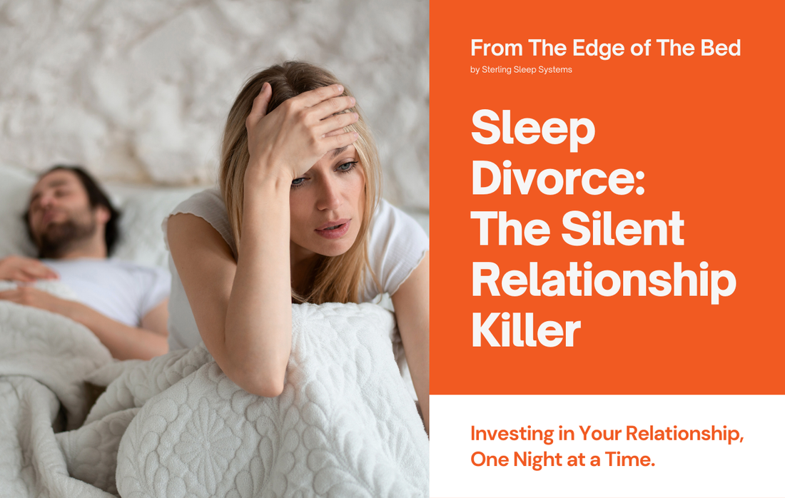 Avoid Sleep Divorce. Couple in bed. Man sleeping while woman sitting up awake in the bed holding her head and not being able to sleep.
