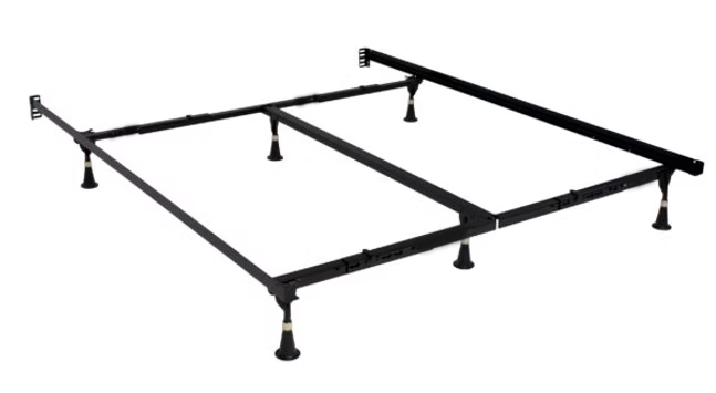 Picture shows a simple metal bed frame with 3 cross braces, and a total of 6 legs