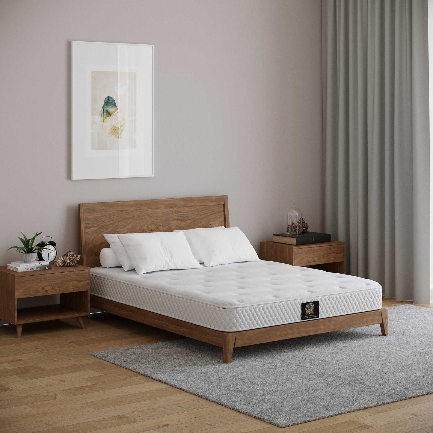 Sterling Sleep Eco-Luxury Natural Latex Mattress shown in a mid-century modern low wood bed frame in a contemporary bedroom. Sterlingsleep.com