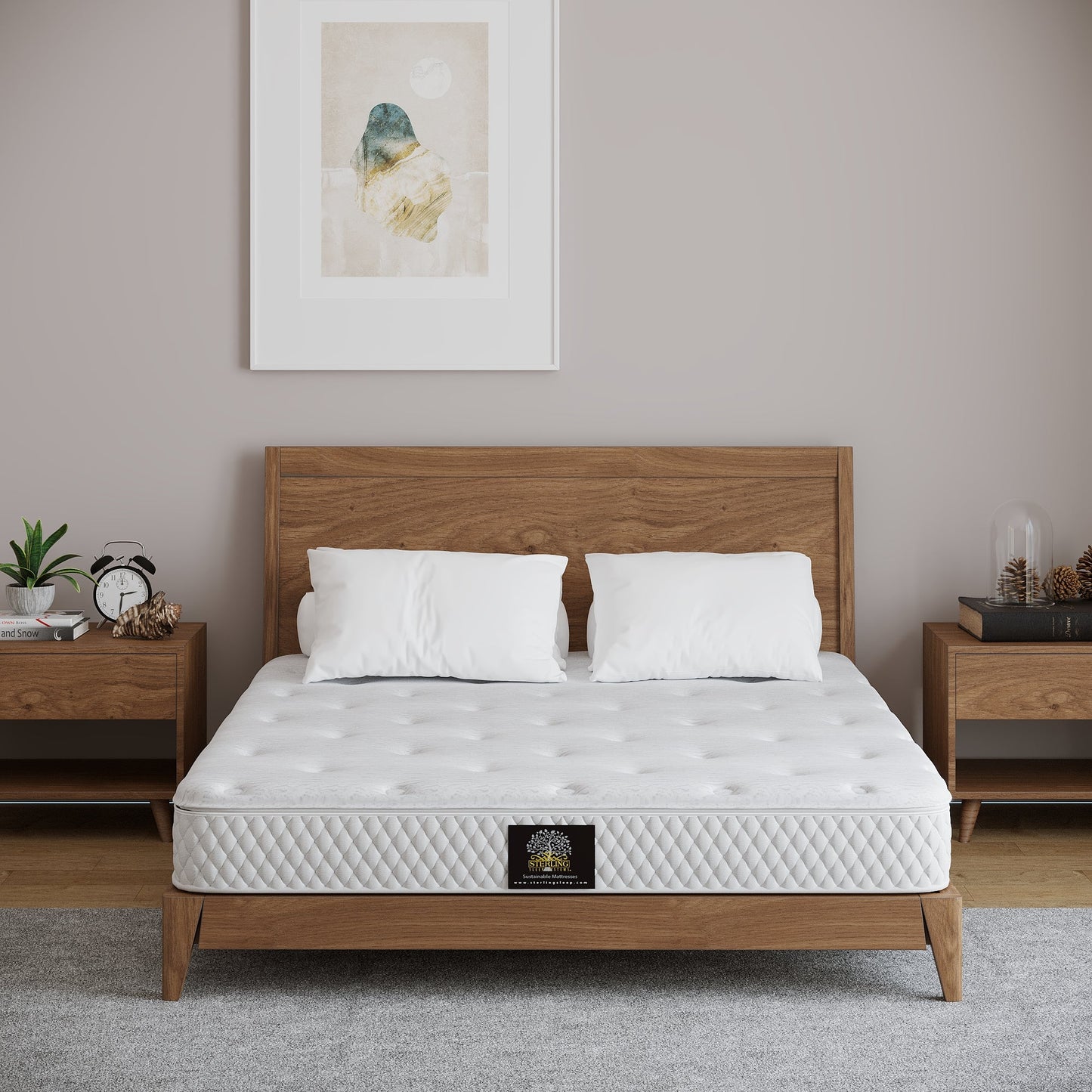 Sterling Sleep Eco-Luxury Natural Latex Mattress shown in a mid-century modern low wood bed frame in a contemporary bedroom. Sterlingsleep.com