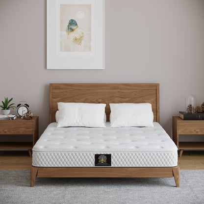 Sterling Sleep Eco-Luxury Natural Latex Mattress shown in a mid-century modern low wood bed frame in a contemporary bedroom. Sterlingsleep.com