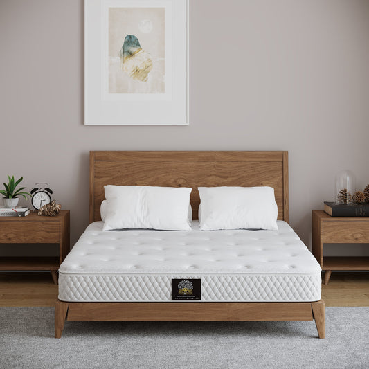 Sterling Sleep Eco-Luxury Natural Latex Mattress shown in a mid-century modern low wood bed frame in a contemporary bedroom. Sterlingsleep.com