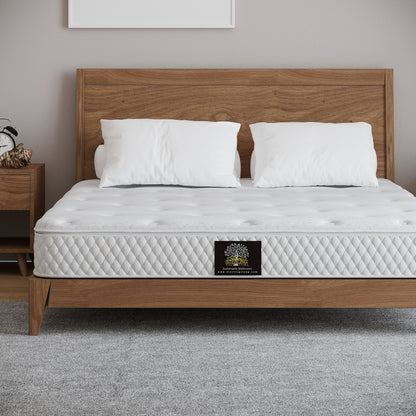 Sterling Sleep Eco-Luxury Natural Latex Mattress shown in a mid-century modern low wood bed frame in a contemporary bedroom. Sterlingsleep.com